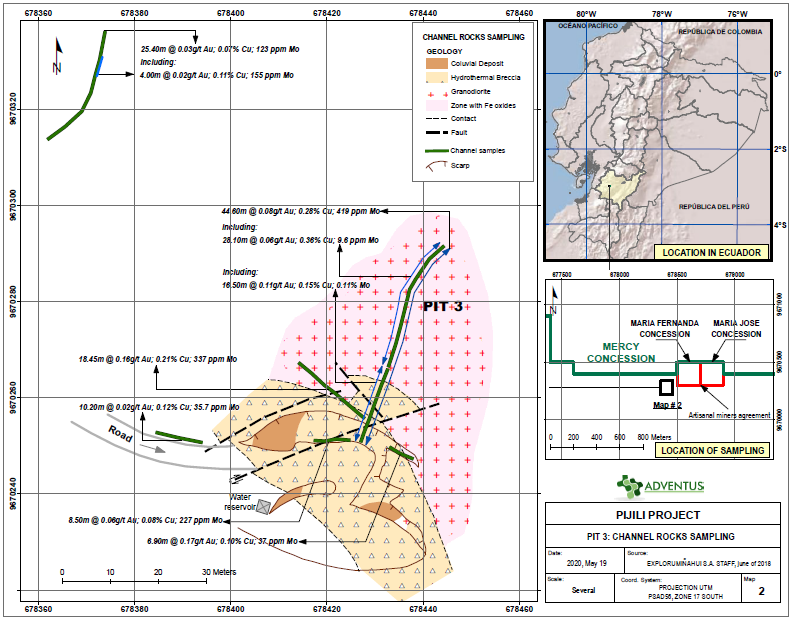 Fig. D Pit 3: Detailed geology and channel sampling results, Pijili