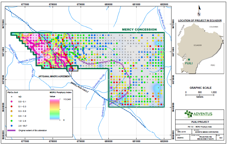 Fig. F Lead-copper ratio and interpreted porphyry index map, Mercy concession, Pijili