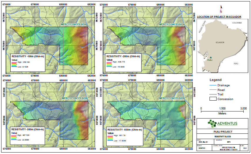 Fig. G Resistivity (depth) slices, Mercy concession, Pijili