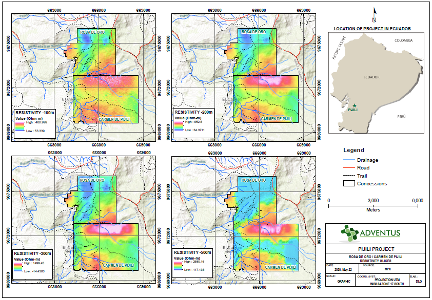 Fig. H Resistivity (depth) slices, Rosa de Oro and Carmen de Pijili concessions, Pijili